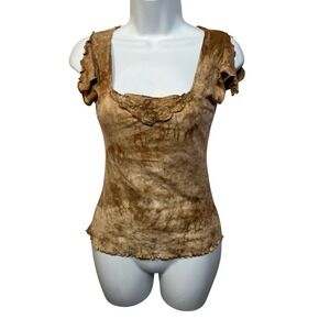 Vintage Wet Seal Brown Tie Dye Pointelle Lace Neck lettuce-edge Sleeve Top Small